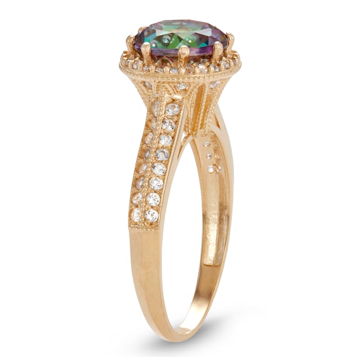 Round Mystic Fire Topaz and Lab Created White Sapphire 10K Yellow Gold
Halo Ring 2.32ctw