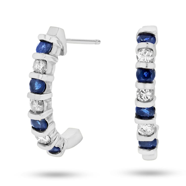 0.90ctw Sapphire and Diamond J Hoop Earrings in 14k White Gold