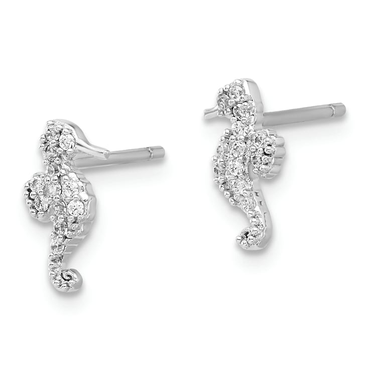 Rhodium Over Sterling Silver Polished Cubic Zirconia Seahorse Post Earrings