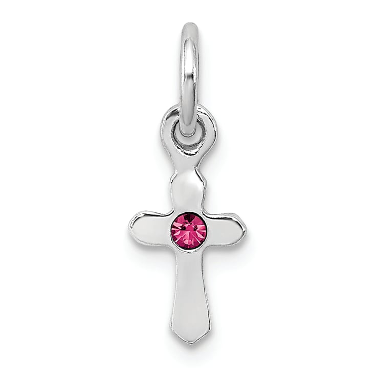 Rhodium Over Sterling Silver Child's October Pink Preciosca Crystal
Cross Pendant
