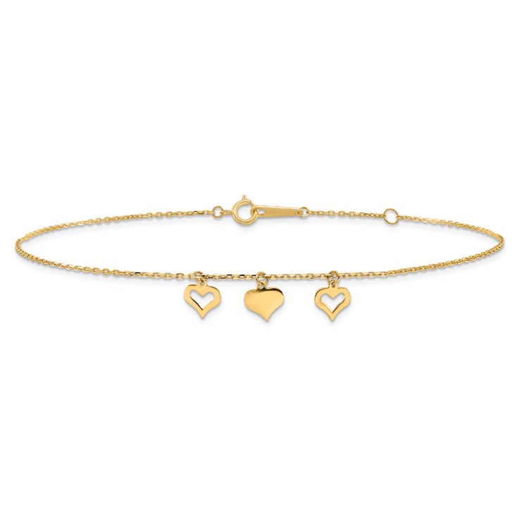 10k Yellow Gold 3 Hearts Charm Cable Link Anklet