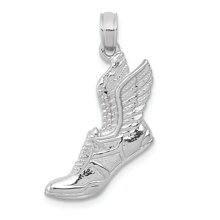 Rhodium Over 14k White Gold Polished and Textured Running Shoe with
Wings Pendant