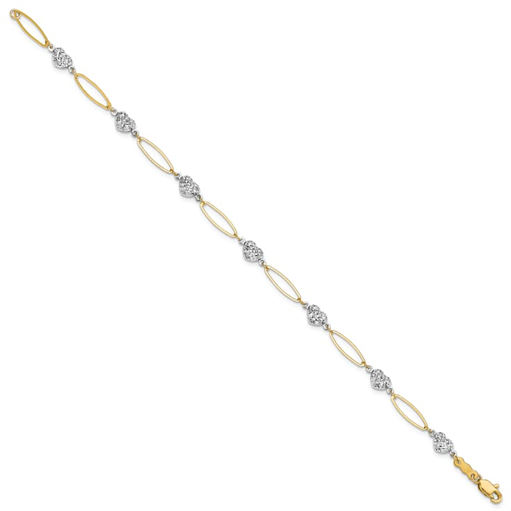 14K Two-tone Puff Heart and Flat Oval Bracelet
