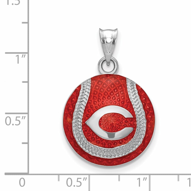 Rhodium Over Sterling Silver MLB LogoArt Cincinnati Reds Enameled Pendant