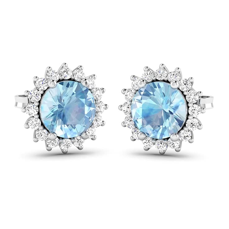 1.30ctw 14K White Gold Aquamarine and White Diamond Halo Earrings
