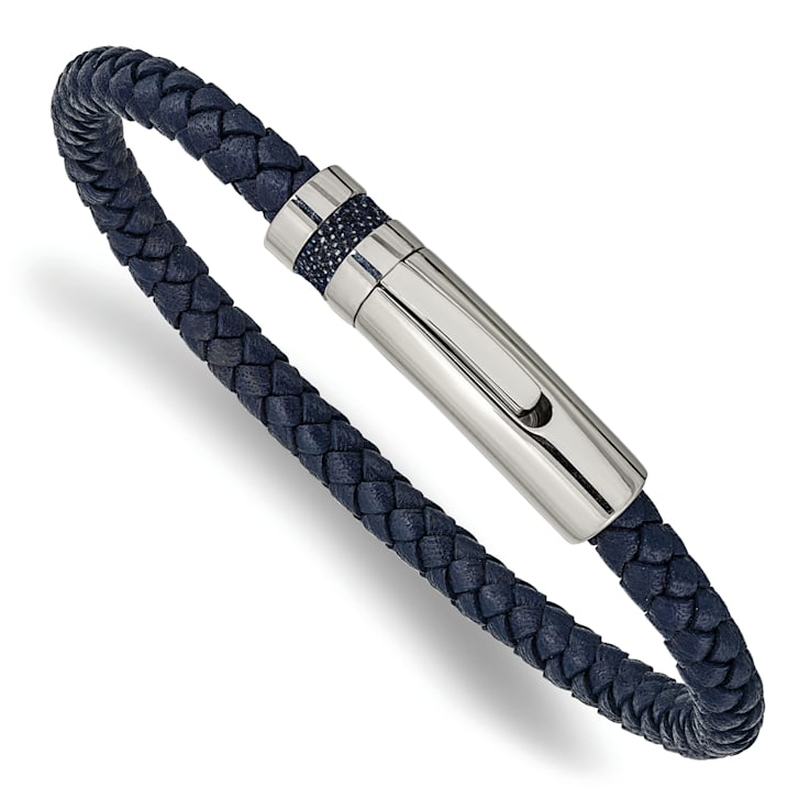 Blue Leather and Stainless Steel Polished 8.25-inch Bracelet