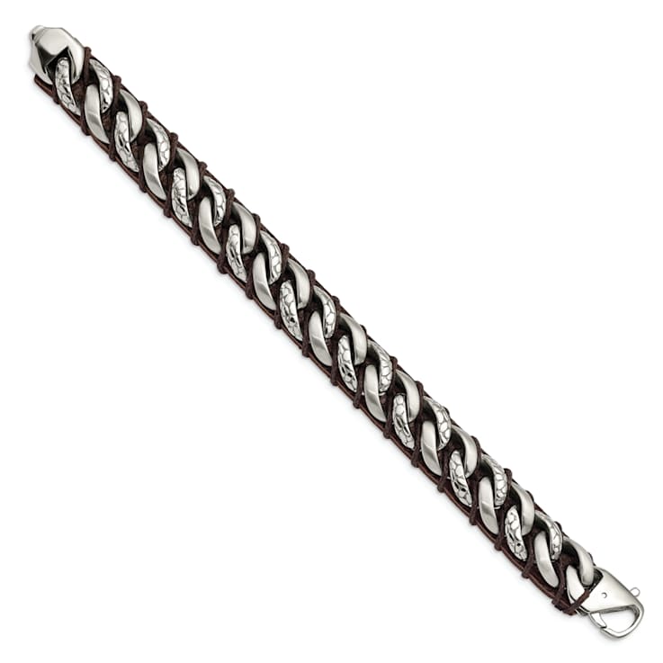 Brown Leather and Stainless Steel Brushed Polished and Textured 8.5-inch Bracelet