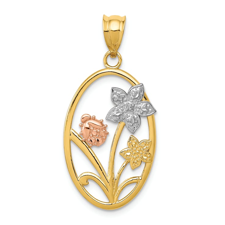 14k Tri-color Gold Diamond-Cut Oval Floral Pendant
