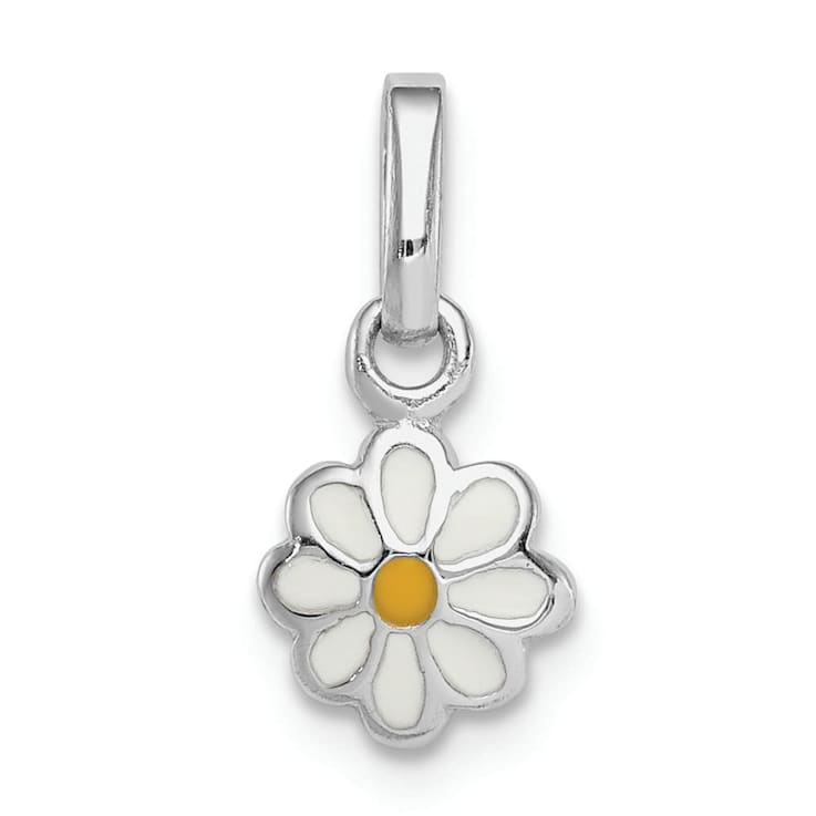 Rhodium Over Sterling Silver White and Yellow Enamel Daisy Children's Pendant