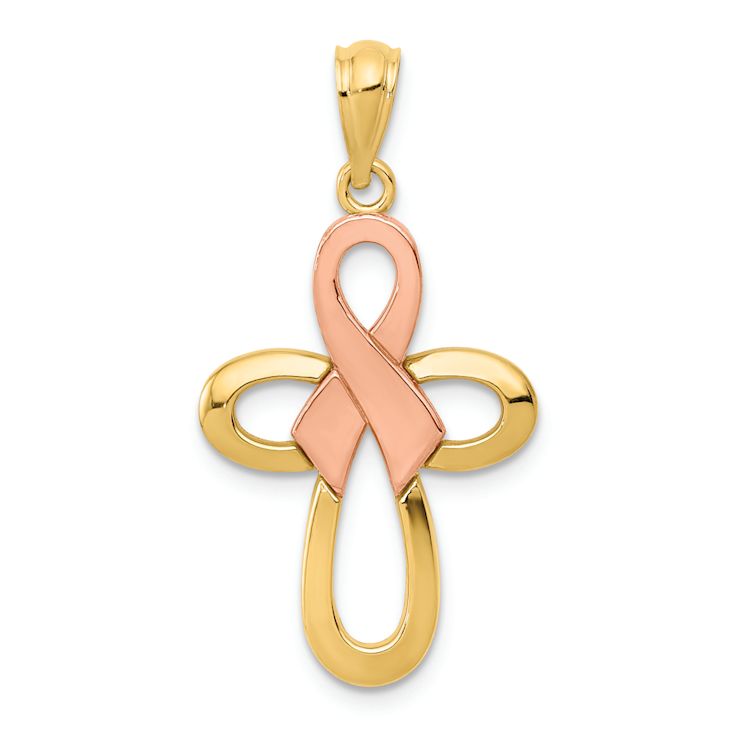 14K Two-tone Gold  Polished Pink Ribbon Cross Pendant