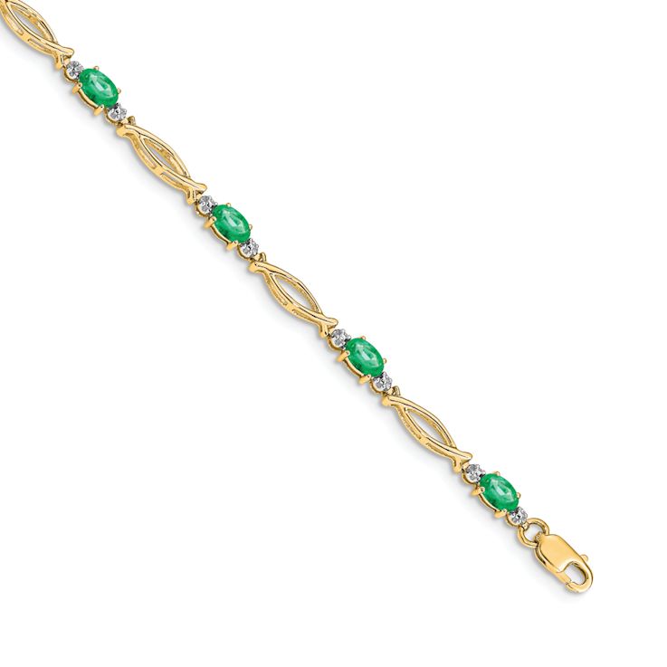 10k Yellow Gold and Rhodium Over 10k Yellow Gold Diamond and Emerald Bracelet