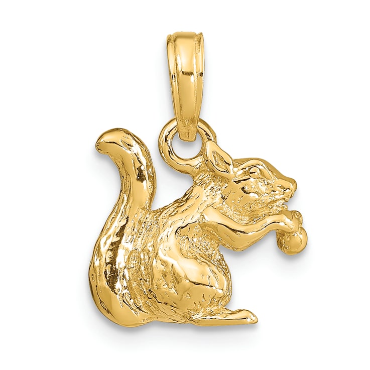 14k Yellow Gold Solid 3D Textured Squirrel with Nut pendant