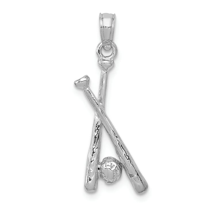 Rhodium Over 14k White Gold Polished and Textured Open-Back Bats and
Baseball Pendant