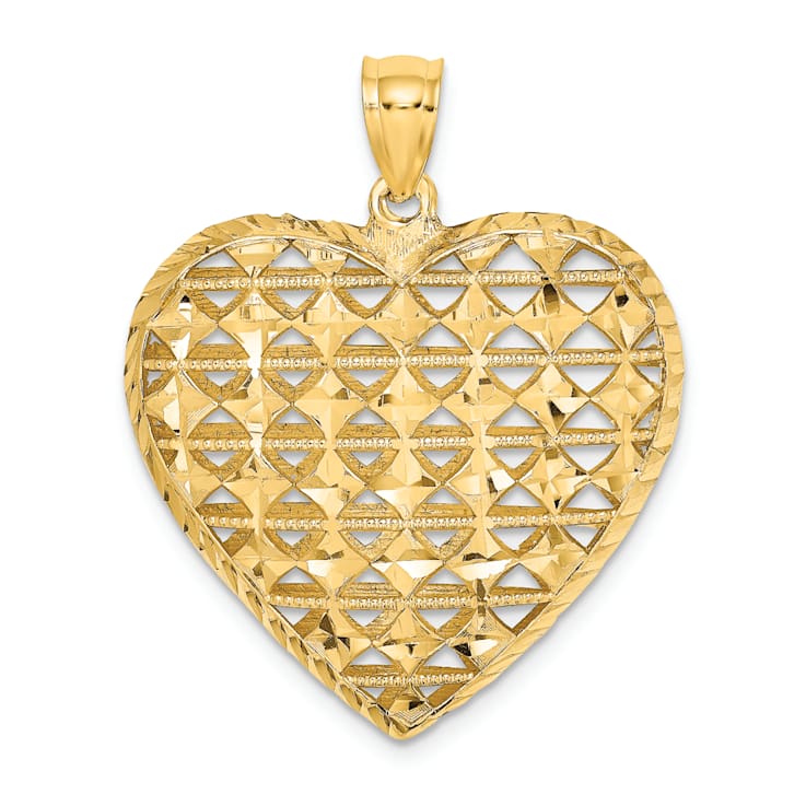 14k Yellow Gold 3D Cut-out Diamond-Cut Puffed Heart Pendant