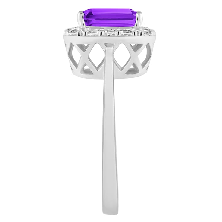 8x6mm Emerald Cut Amethyst And White Topaz Accents Rhodium Over Sterling
Silver Halo Ring