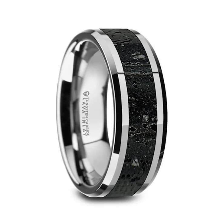KILAUEA Men’s Polished Tungsten Wedding Band with Lava Rock Stone Inlay
w/Polished Beveled Edges 8mm