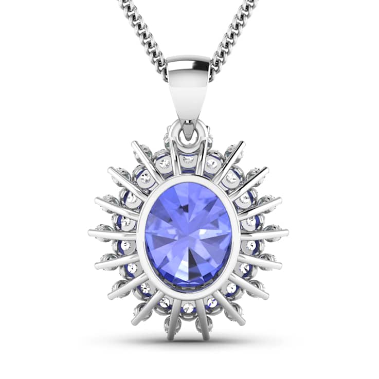 Blue Tanzanite and White Diamond 14K White Gold Halo Pendant with Cable
Chain 3.75ctw