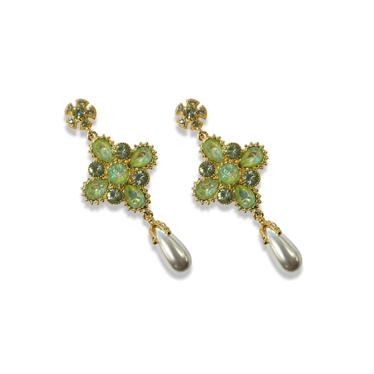 Gold Tone Green AB Crystal with Pearl Drop Earring