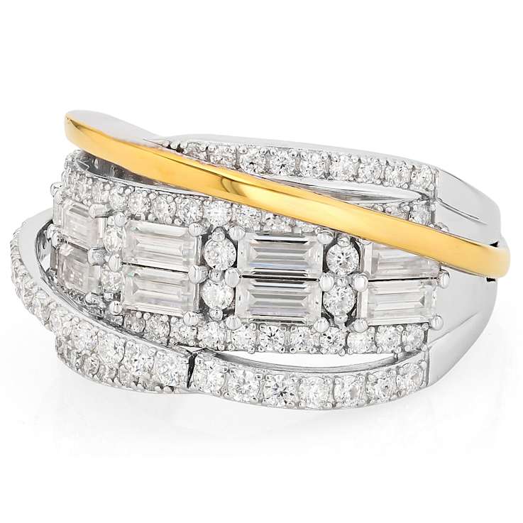 Two-Tone Moissanite Baguette And Round Crossover Ring In 14K Gold And
Platinum-Enhanced Sterling Silver 2.07ctw DEW