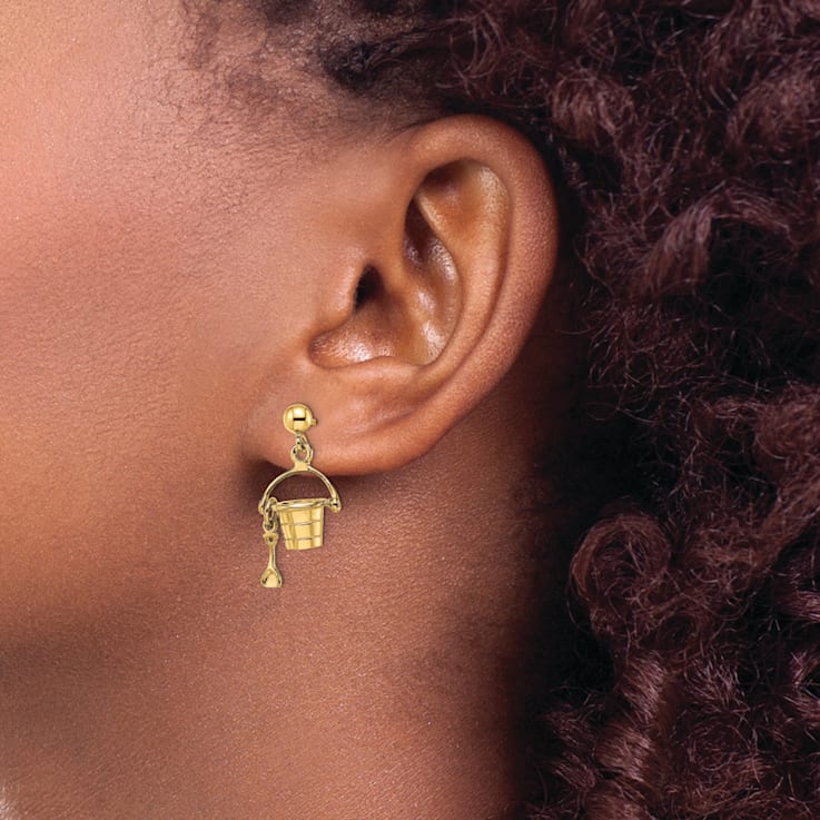 14K Yellow Gold 3D Beach Bucket with Shovel Dangle Earrings