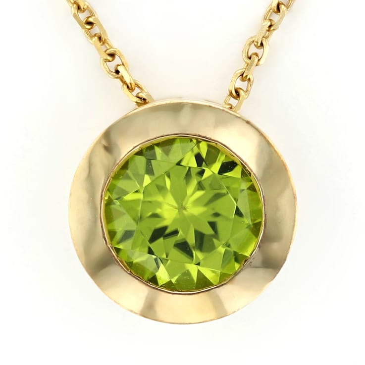 Round Peridot 14K Yellow Gold Bezel Set Solitaire Pendant with Chain, 1.25ct