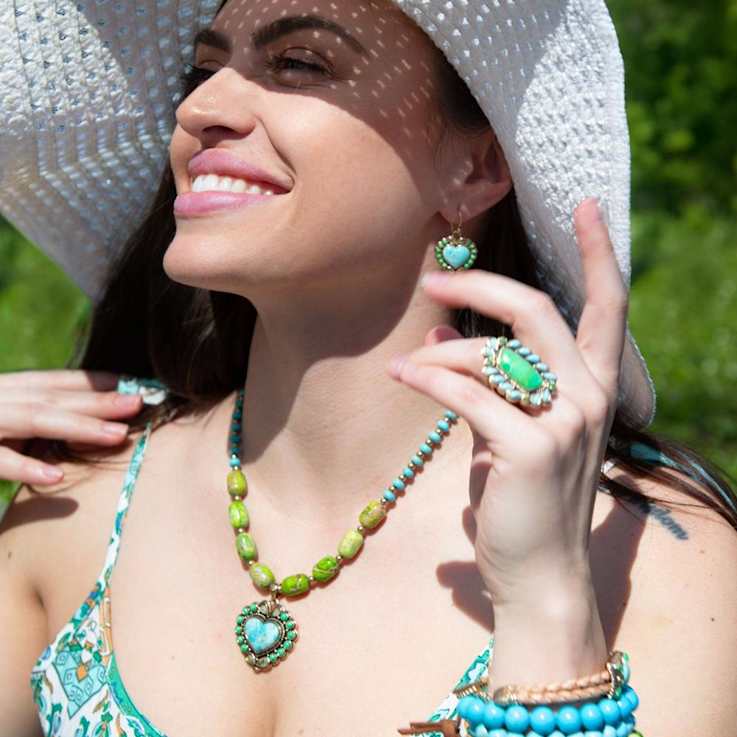 Barse Jewelry Legacy Heart Lime Green and Blue Turquoise Golden Drop Earrings