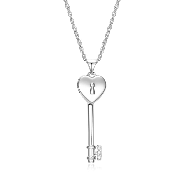 White Diamond Accent Rhodium Over Sterling Silver Heart Key Locket
Pendant With Chain