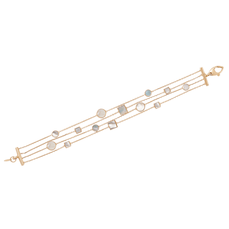 Square and Disc Shape White Mother-Of-Pearl 14K Yellow Gold Multi-Row Bracelet