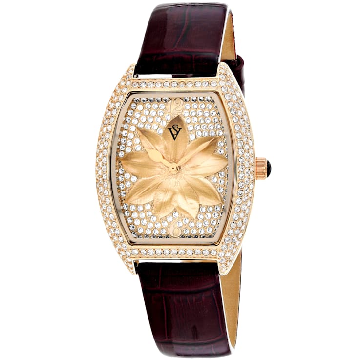 Christian Van Sant Women's Lotus Rose Dial, Brown Leather Strap Watch