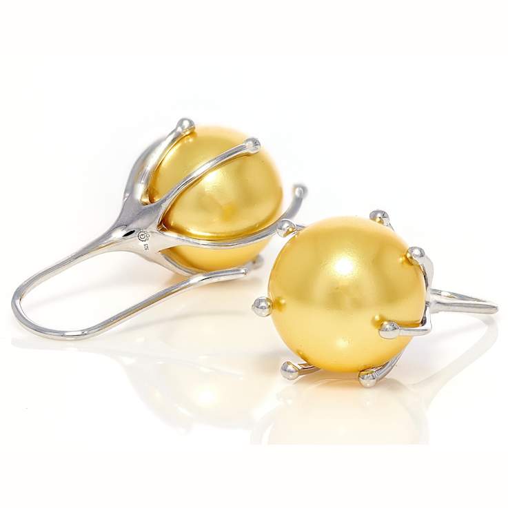 Large Golden South Sea Simulant Pearl Drop Earrings In Sterling Silver