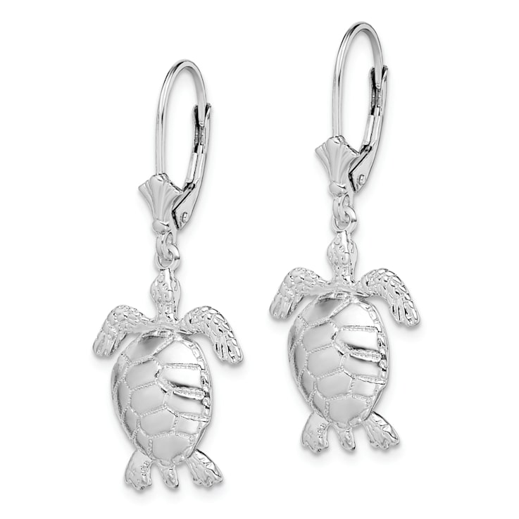 Rhodium Over Sterling Silver 3D Moveable Turtle Leverback Earrings
