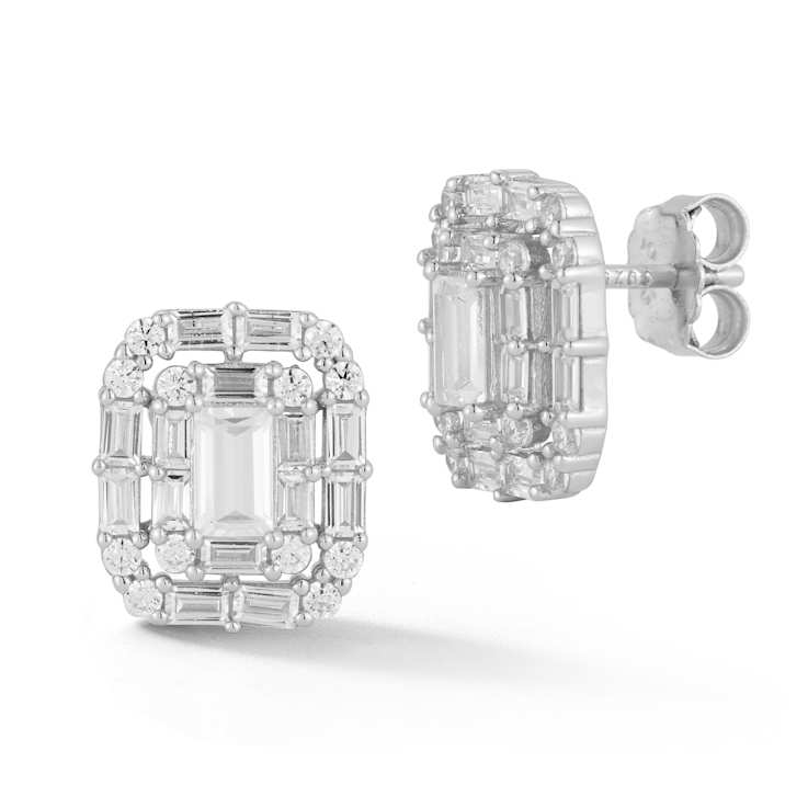 Rachel Zoe Baguette CZ Cluster Stud Earrings in Rhodium Over Sterling Silver
