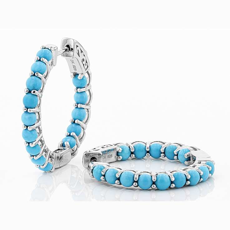 Turquoise Inside Outside Hoop Earrings in Rhodium Over Sterling Silver