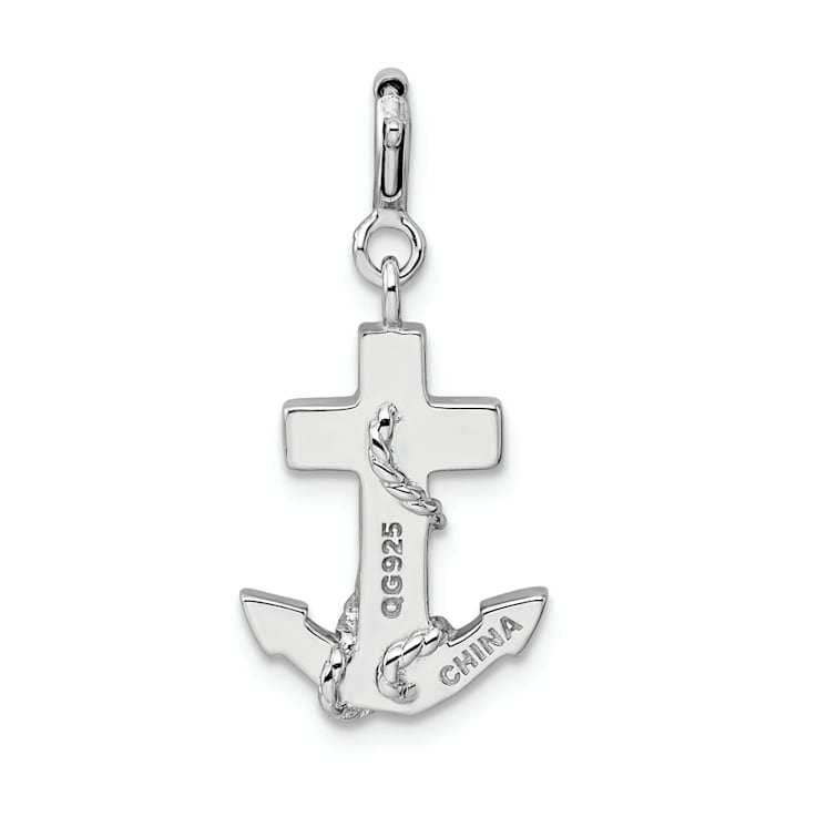 Rhodium Over Sterling Silver Crystals and Blue Enamel Anchor Charm