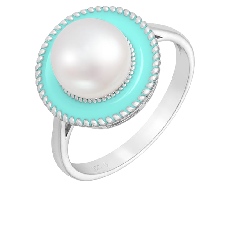 Cultured Freshwater Pearl and Blue Enamel Ring in Sterling Silver
