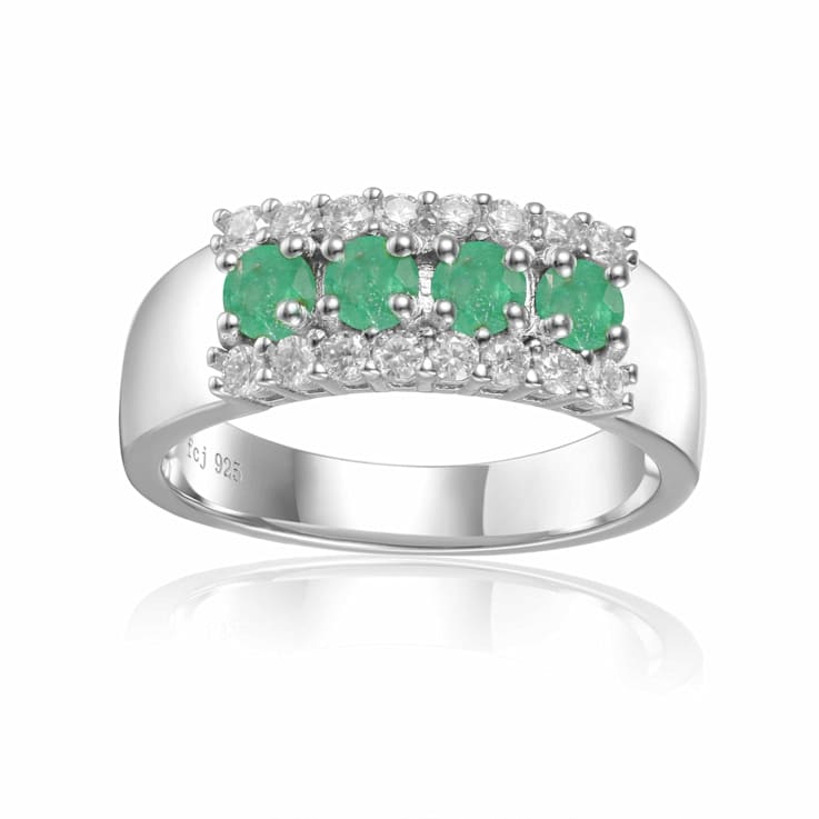 Oval Emerald and Round Moissanite Sterling Silver Wide Band Ring