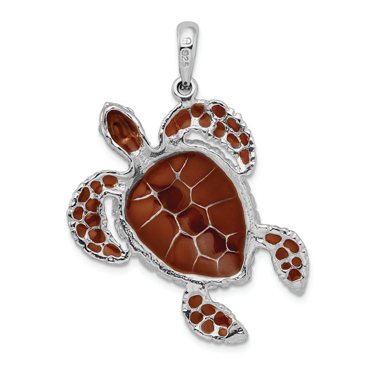 Rhodium Over Sterling Silver Polished Enameled Brown Sea Turtle Pendant