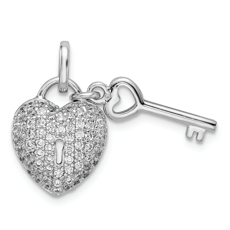 Rhodium Over Sterling Silver Cubic Zirconia Heart Lock and Key Pendant