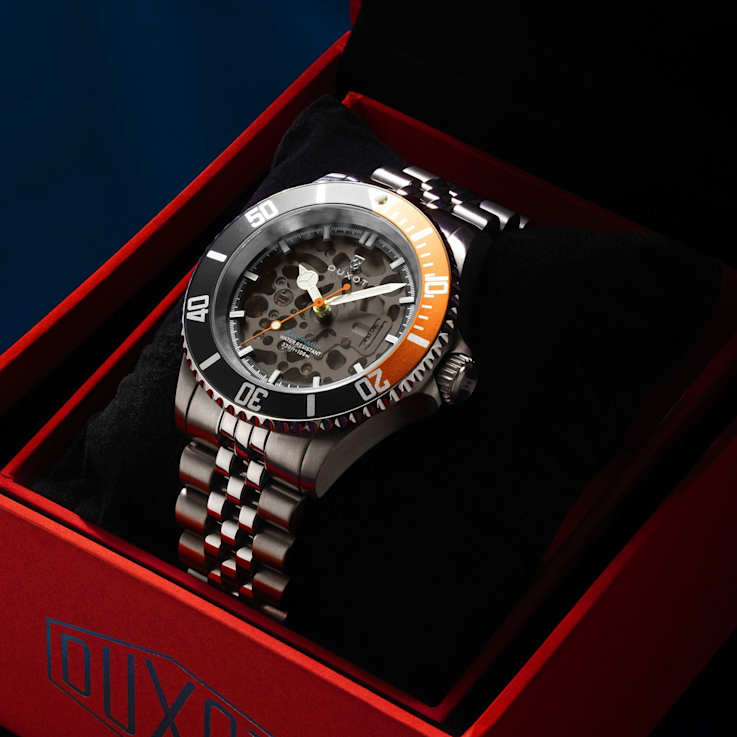 Duxot Atlantica Skeleton Diver Black Dial W/Orange Accent White
Stainless Steel Band Automatic Watch