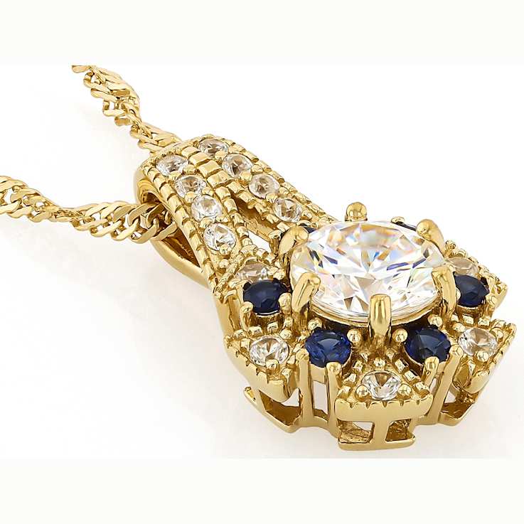 Diamond Simulant, Lab Blue Sapphire And White Zircon Pendant Necklace In
18K Gold Over Sterling Silver 1.54ctw