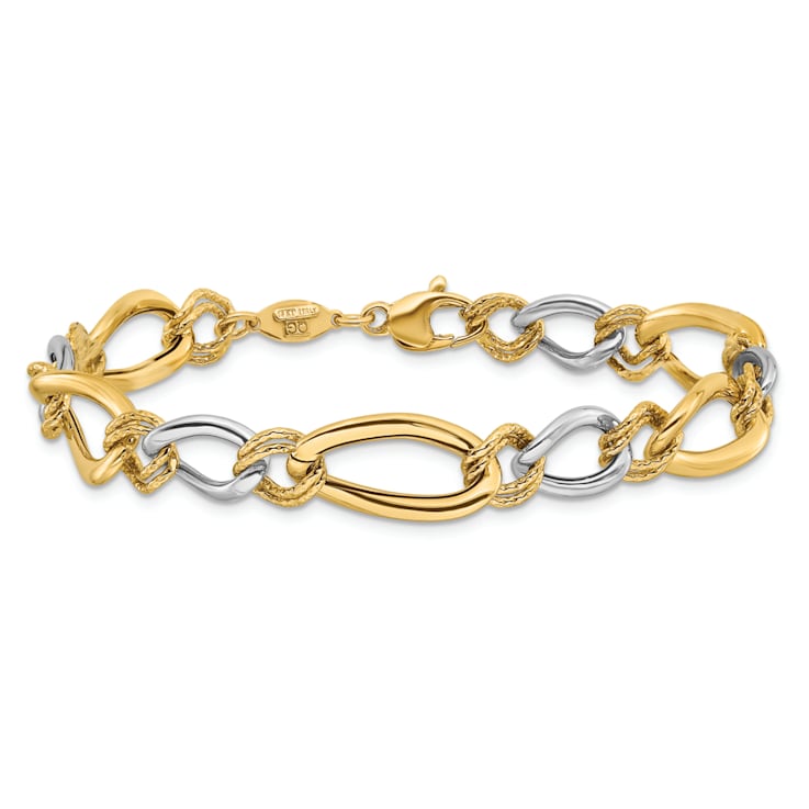 14k Two-tone Gold 8mm Polished and Textured Fancy Oval Curb Link Bracelet