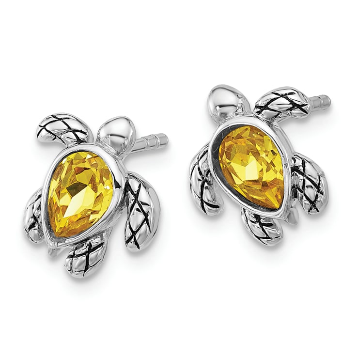Rhodium Over Sterling Silver Antiqued Crystal November Birthstone Turtle Earrings