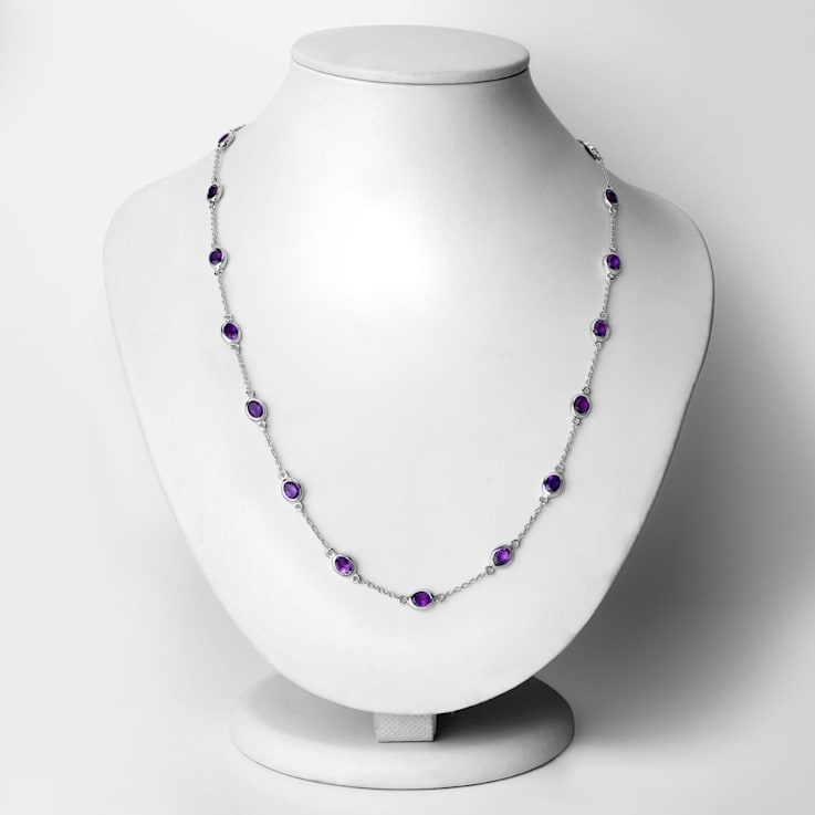 Oval Purple Amethyst By the Yard Rhodium Over Sterling Silver Station
Necklace 6.12ctw
