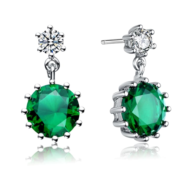 Emerald Color CZ Circle Drop Earrings In Sterling Silver