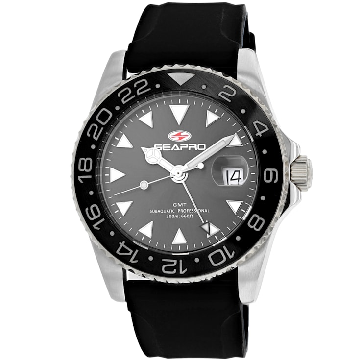 Seapro Men's Agent GMT Gray Dial Black Rubber Strap Watch