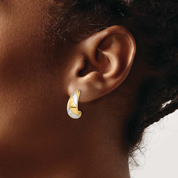 14k Yellow Gold and Rhodium Over 14k Yellow Gold 11/16" Polished
and Grooved J-Hoop Earrings