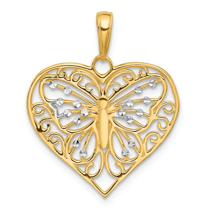 14k Two-tone Gold Diamond-Cut Butterfly Heart Pendant