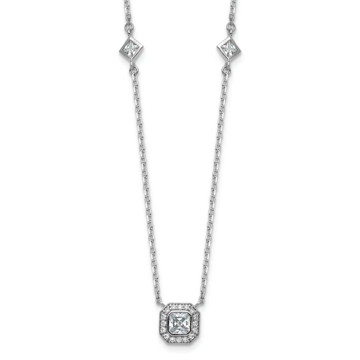 Rhodium Over Sterling Silver Polished Fancy Cubic Zirconia Station With
2 Inch Extension Necklace