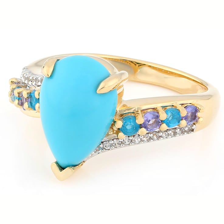 Turquoise, Tanzanite, Neon Apatite And White Zircon Ring In 18K Gold
Over Sterling Silver 0.34ctw