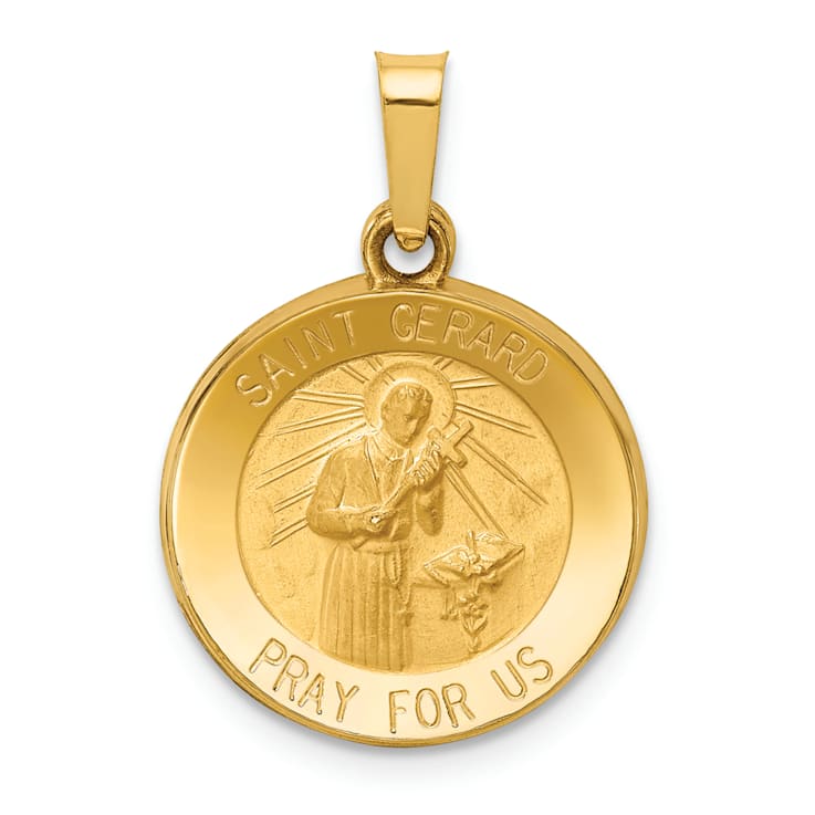 14K Yellow Gold Polished and Satin St Gerard Medal Hollow Pendant